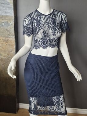 Navy Blue Lace Crop Top and Skirt Set